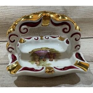 Antique Limoges France Ashtray And Cigarette Holder Gold W/ Courting Scene GTubH